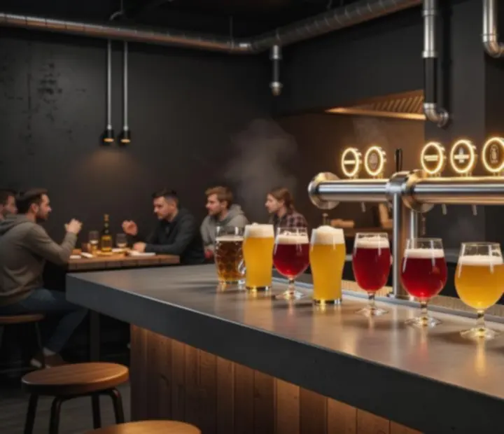 Ipari craft sör csapok sorakoznak egy sötét, hangulatos taproomban.