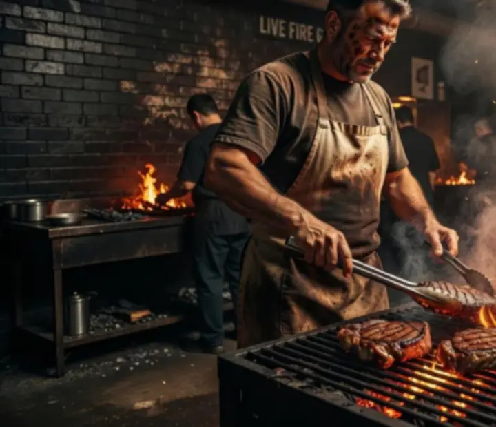 Lángoló grillrács és élő tűz felett készülő húsok a Nyerolista exkluzív grillmester vacsoráján.