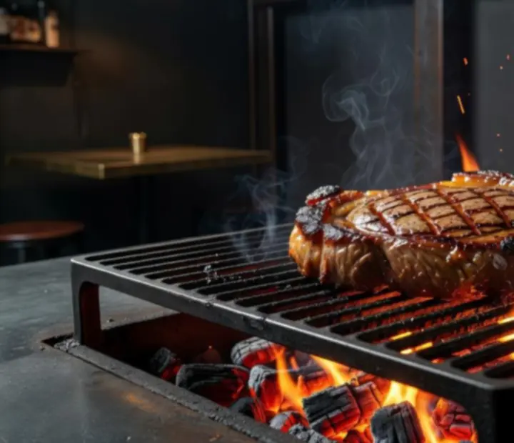Parázsló faszenes grill és félhomályos bistro belső