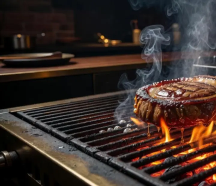 Flame-seared steak nyílt láng felett egy sötét, ipari konyhában