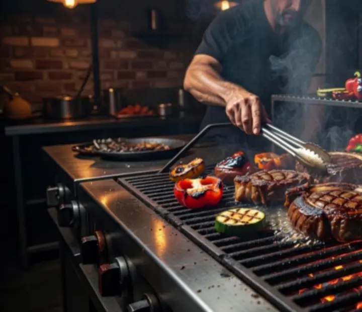 Lángok fölött sülő steak a Nyerolista woodfired grill rácsán.