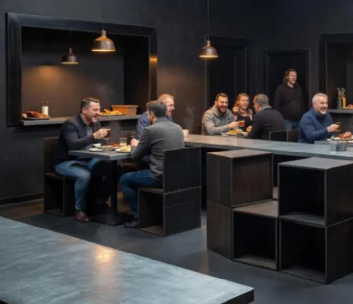 Ipari brasserie belső tér sötét falakkal, réz részletekkel és bárpulttal.