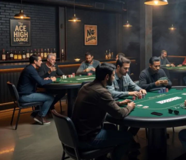 Modern offline Texas Hold'em póker lounge sötét, ipari enteriőrrel