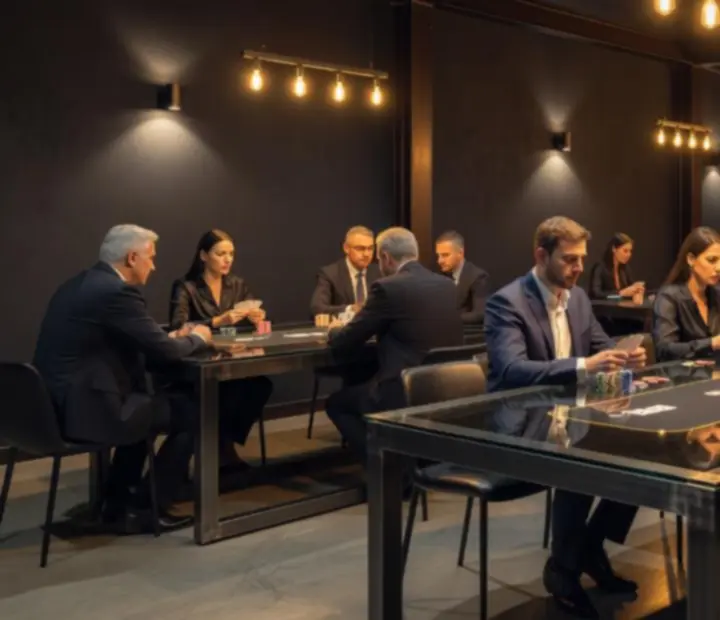 Faszenes grill bistro melletti ipari hangulatú offline poker terem, Texas Hold'em asztalokkal