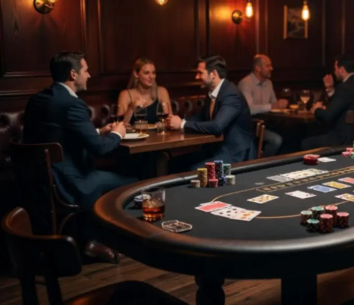 Texas Hold'em zsetonok és kártyák a Pit Offline Poker Lounge asztalán.