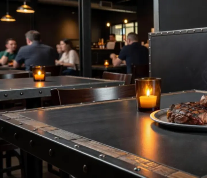 Modern, sötét hangulatú éttermi asztal lefoglalva a Nyerolista Woodfired Grill & Bistro-ban.