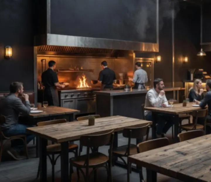 Sötét, ipari hangulatú budapesti grill étterem belső tér, parázsló fényekkel és zinc pulttal.